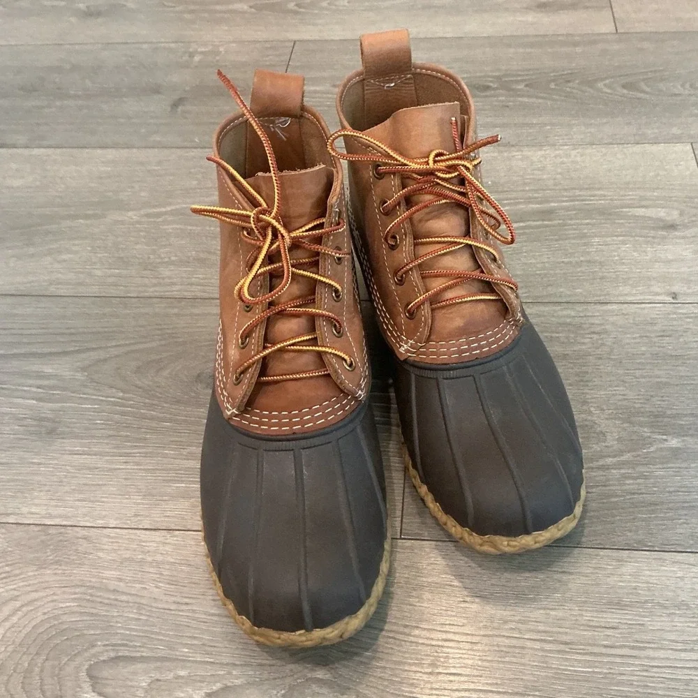 LL Bean Mens Leather Duck Boots 12 Brown Tan Bean Boots Rubber Rain Fisherman